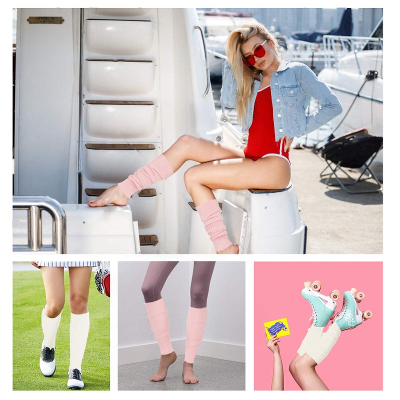v28 Women Juniors 80s Eighty's Ribbed Leg Warmers for Party Sports,2(Pink+White) - Image 5